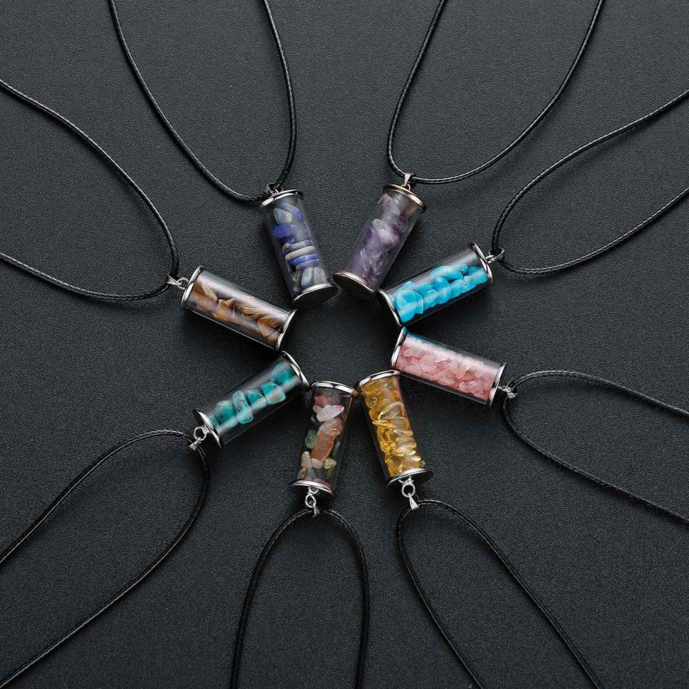 Chakra Guérison Cristal Souhaitant Bouteille Pendentifs Collier pour Femmes Filles Tumbled Rock Wicca Tumble Stone Wish Reiki Energy