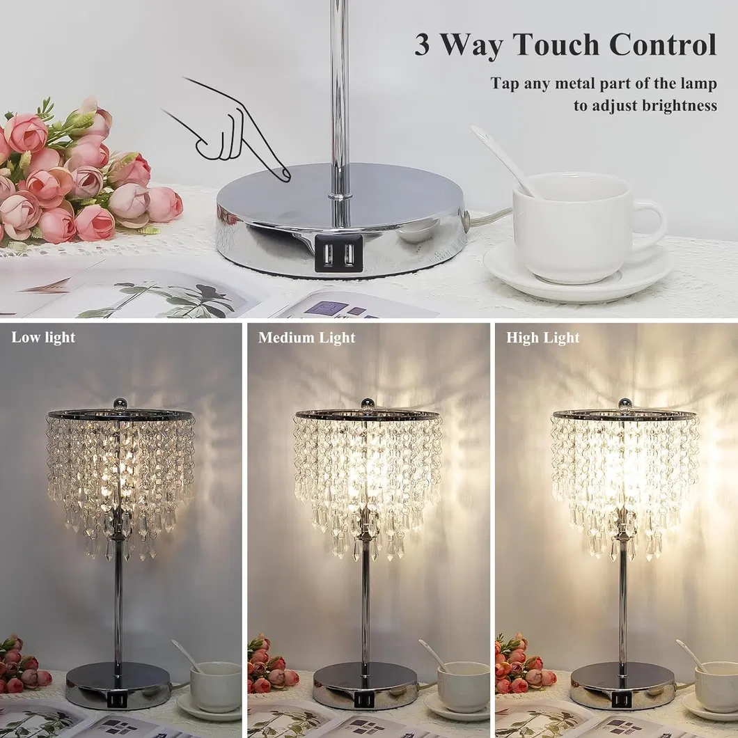 Elegant Touch Control Crystal Table Lamp with USB Charging Ports