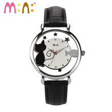 2017 hollow out glass 3D cat design girls watches Miyota quartz movement