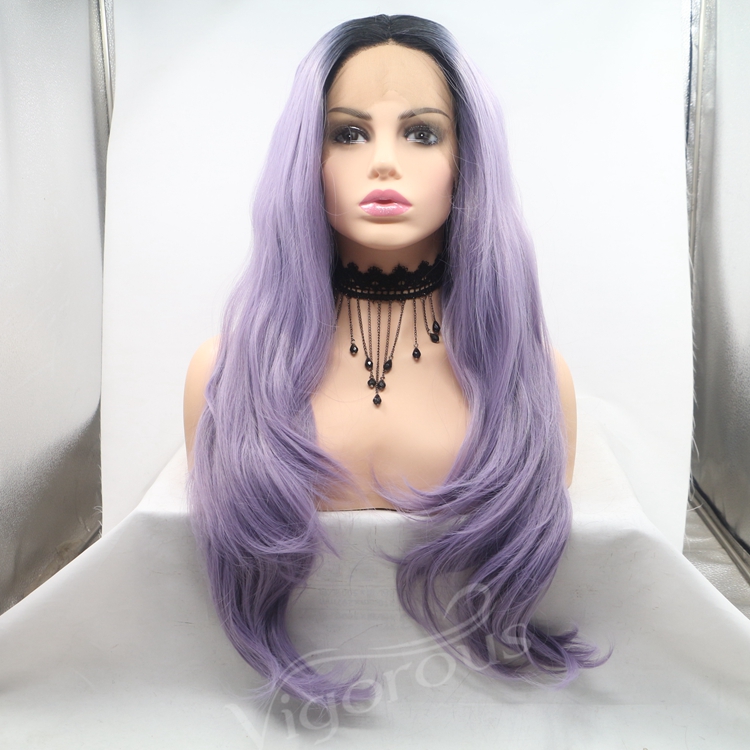 Vigorous purple ombre long straight premium high quality wholesale black women synthetic hair wigs with lace front