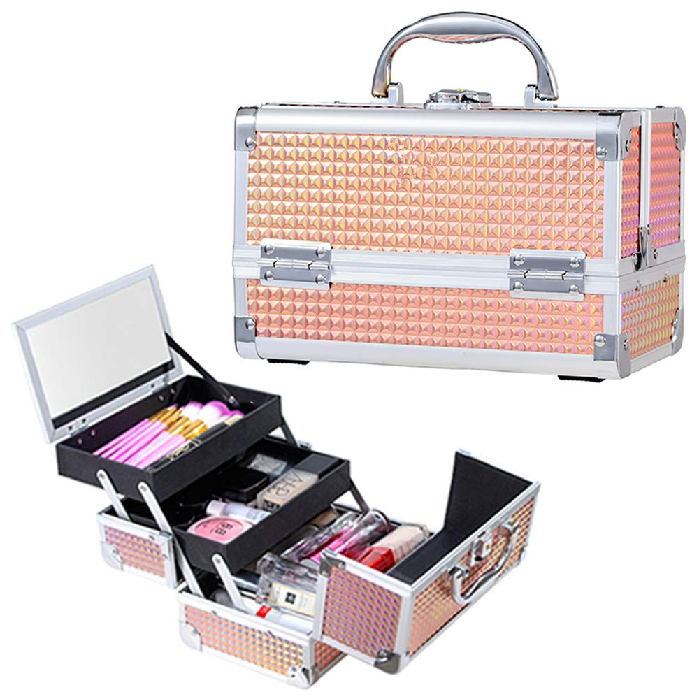 Aluminum Makeup Case Jewelry Organizer Lockable with Key and Mirror 2-Tier Tray Portable Carrying with Handle Travel Storage Box