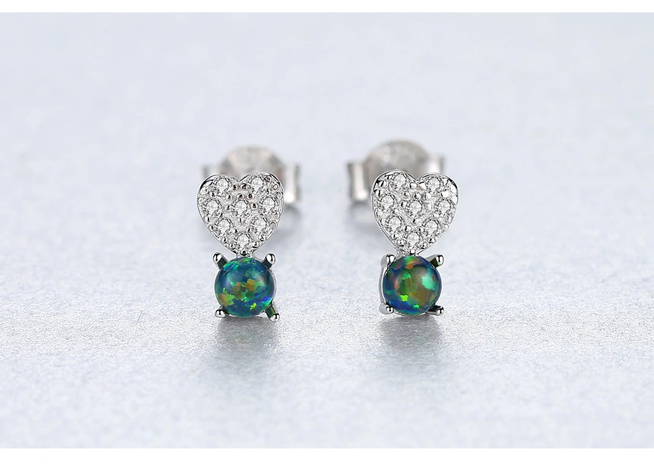 Creative Heart Shape CZ Opal 925 Sterling Silver Stud Earrings