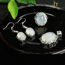 White Chalcedony 3-Piece Jewelry Set including Earrings, Ring, and Pendant Necklace with Agate Stones
