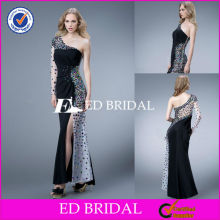 L022 Custom Made Max Length One Shoulder Long Sleeves Black Plus Size Long Sleeve Evening Dresses