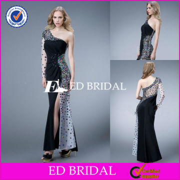 L022 Custom Made Max Length One Shoulder Long Sleeves Black Plus Size Long Sleeve Evening Dresses