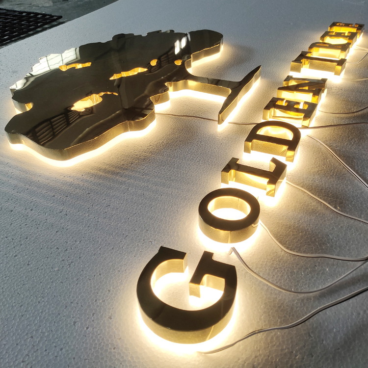 Customized illuminated logo stainless steel golden mirror face backlit letter electronic 3d led sign