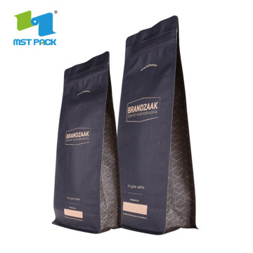 Kraft Paper Flat Bottom Box Bag Pouch 1kg Svart med ventil for kaffe