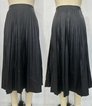 Pure Color Winter Mid Length Leather Pleated Skirts