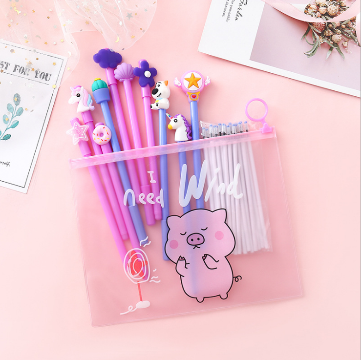 Korean Cute Cartoon Heart Customized Student Stationery Set Promotional Plastic Ball Pen Novelty Body Personalized Logo Pen Bag