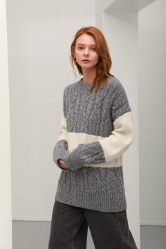 Round collar white grey stitching pure cashmere pullover