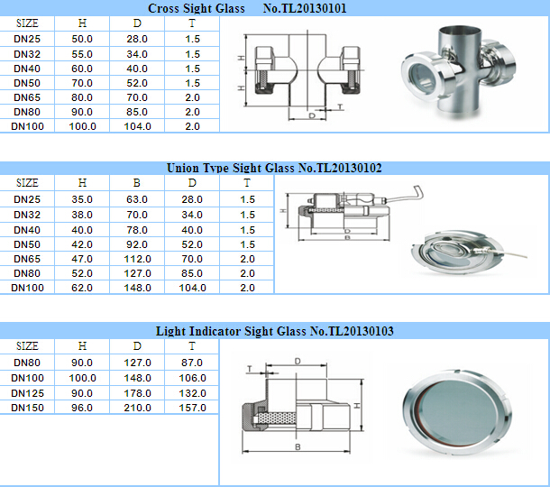 Stainless Steel Sanitary Clampedr, Welded or Threaded Sight Glass, 304