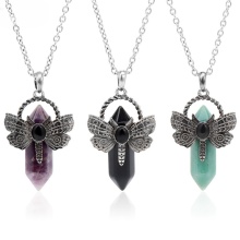 Gemstone Hexagonal Pillar Silver Dragonfly Pendant Necklace Choker Jewelry