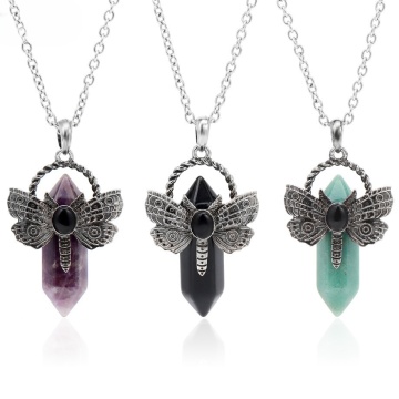 Gemstone Hexagonal Pillar Silver Dragonfly Pendant Necklace Choker Jewelry