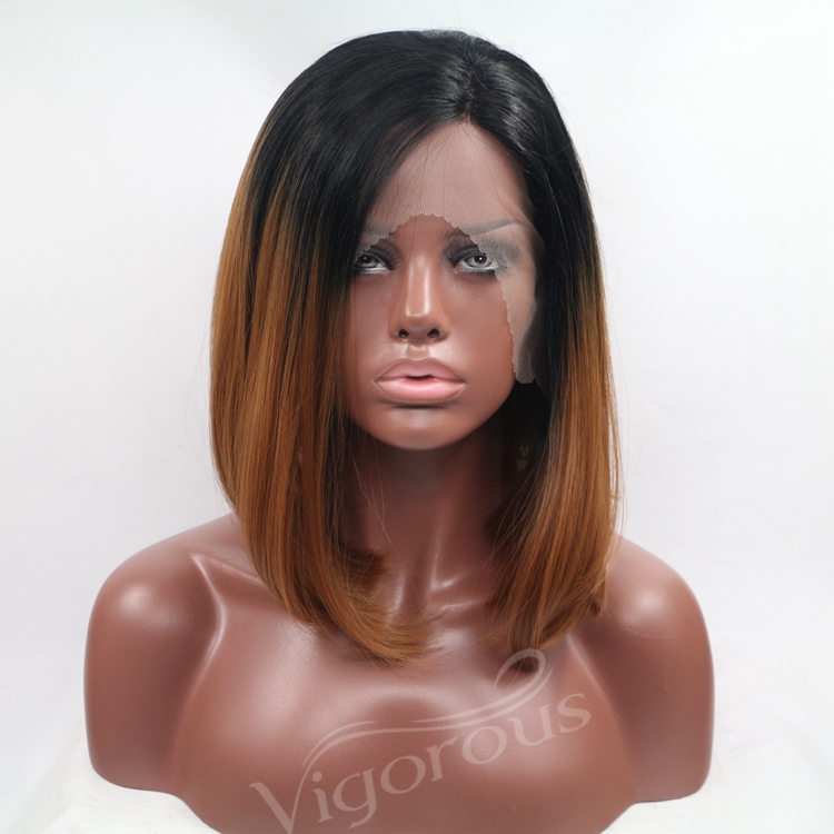 Vigorous ombre short bob blonde premium high quality straight wholesale black women synthetic hair wigs with lace f