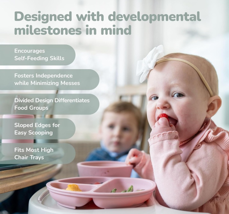 WeeSprout Suction Plates for Babies & Toddlers - 100% Silicone, Dinnerware Stays Put, Divided Design for Picky Eaters, Microwave