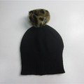 New Design Black Beanie with Leopard Pompom