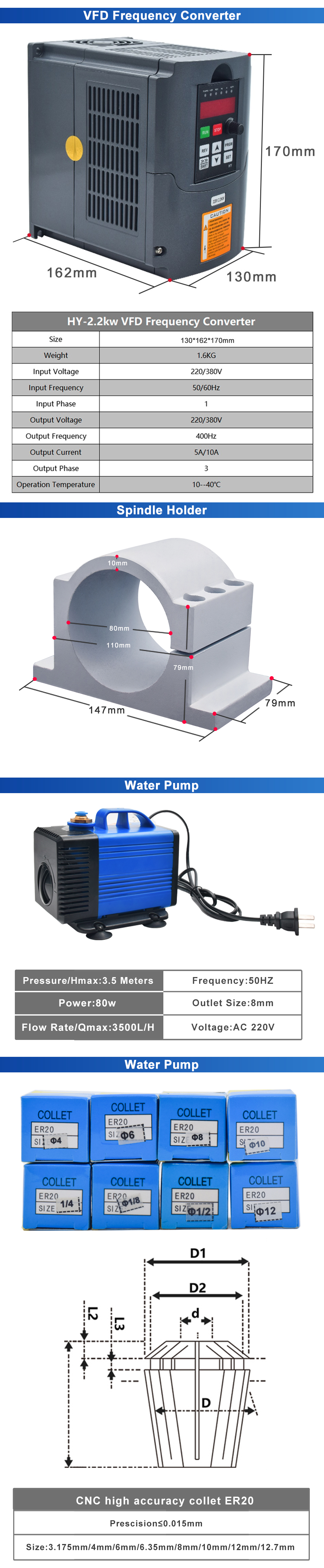 VFD HY Inverter 1.5kW 2.2kW 3kw 4.5kw 5.5kw HQD 2.2kw ER20 water cooled spindle motor kit  220v/380v CNC wood working  spindle