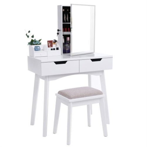 White Wood French Mirrored Dressing Table Set