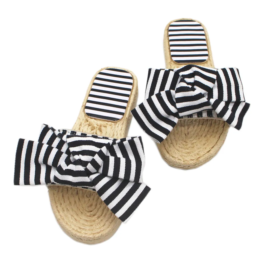 Summer Stylish Blue Bow Design Women's Slippers Household Comfortable Breathable Cotton Straw Woven Women Slippers