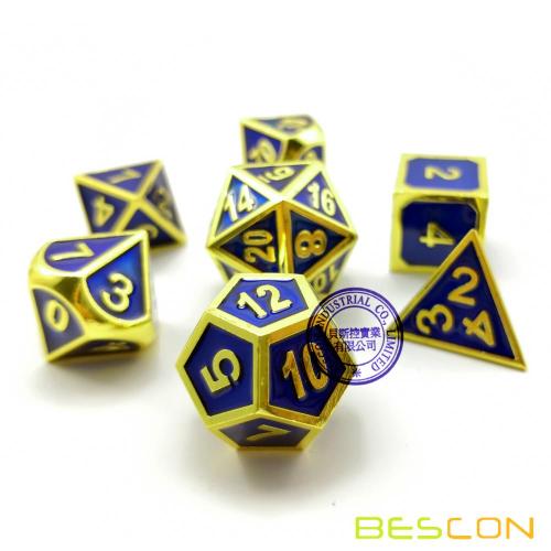 Bescon Deluxe Golden and Blue Enamel Solid Metal Polyhedral Role Playing RPG Game Dice Set (7 Die in Pack)