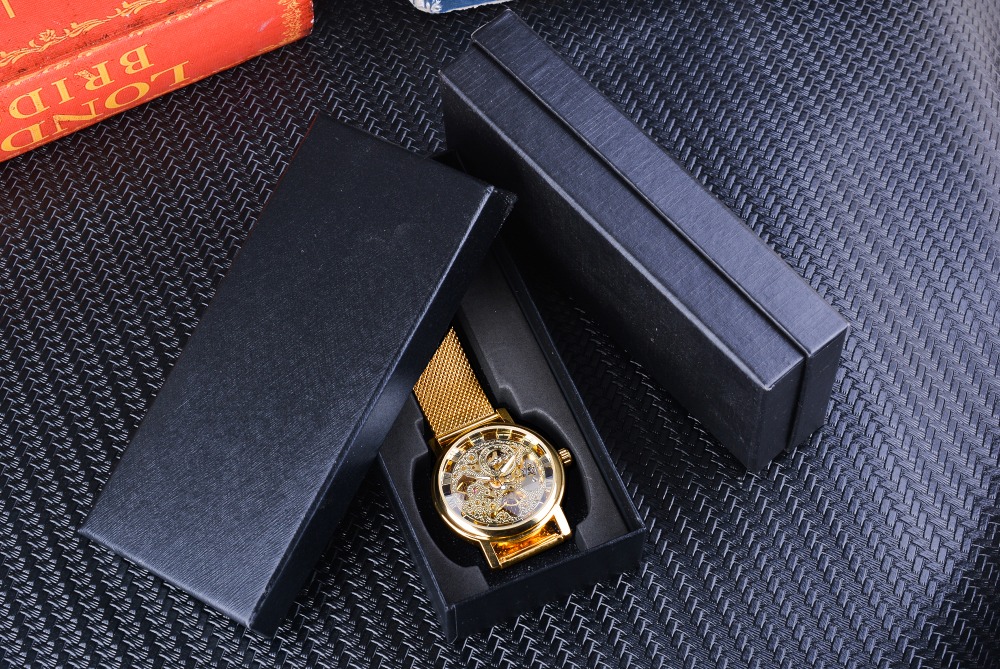 Top Brand Winner Thin Case Full Golden Watch Openwork Clock Mesh Band Men's Mechanical Watches Luminous Hands Relogio Masculino