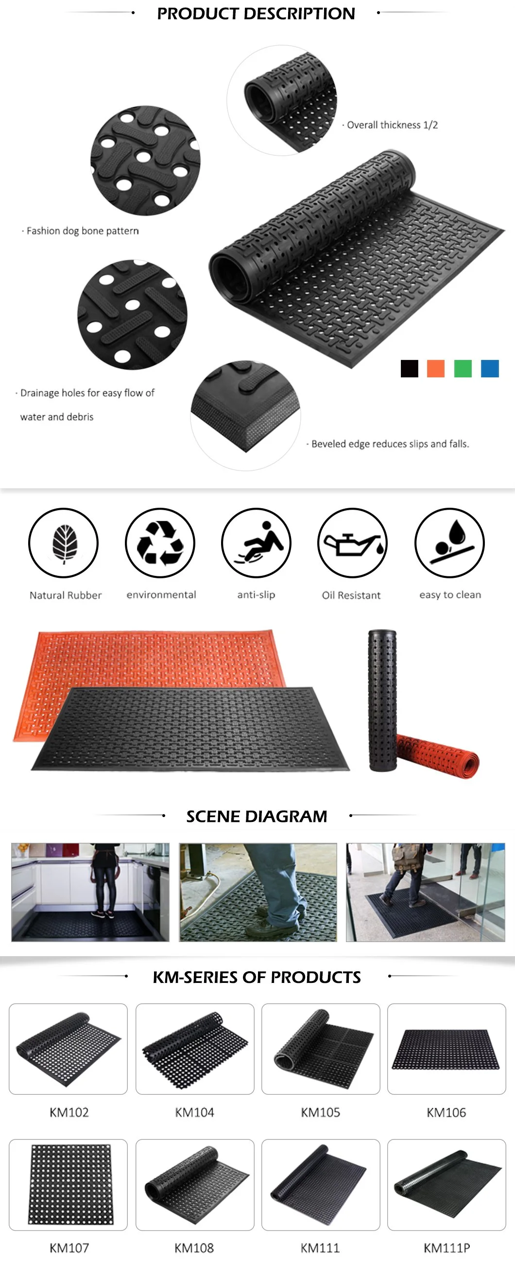 Wet Area Rubber Anti Slip Anti Fatigue Hole Ramp Flooring Grease Resistant Mat Size 3*5 on Sale