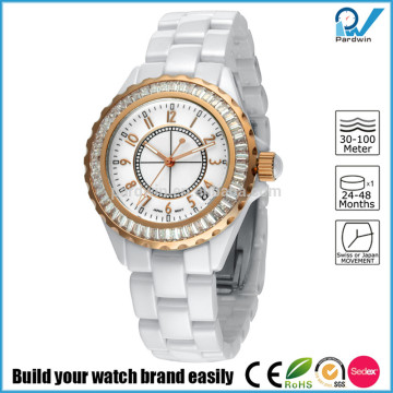 PVD Rosegold/Silver black ceramic case crystal diamond and ceramic band quartz japan movement ceramic watch band