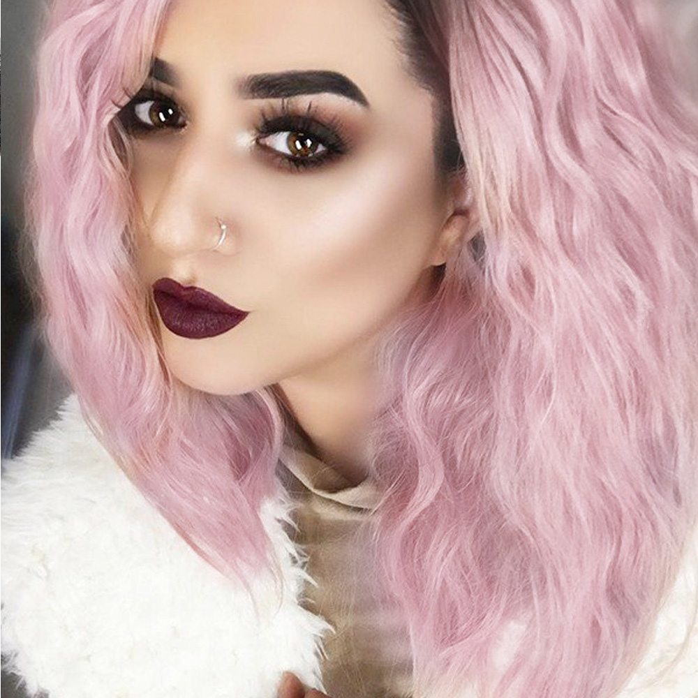 Vigorous 14 Inch Curly Wave Short Bob Wigs Ombre Light Pink Synthetic Cosplay Pastel Wig for Girl Costume Christmas Party
