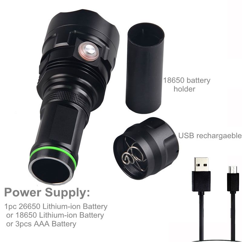 26650 Powerful 3000lm usb rechargeable tactical flashlight with 3LED XML T6