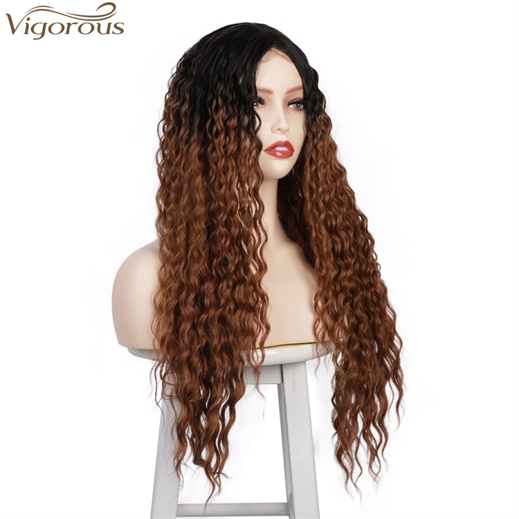 Vigorous Top Quality 30 Inches Long Kinky Curly Wigs For Women Natural Middle Part Wigs Ombre Brown Wavy Wigs