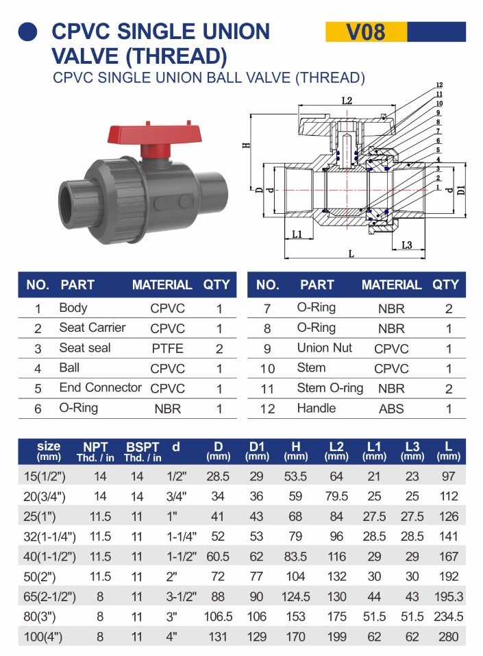 CHINA FACTORY CPVC FITTING PLASTIC PIPE FIFTTINGS SINGLE UNION VALVE THREAD