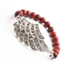Red Jasper 8MM Round Beads Stretch Gemstone Bracelet with Diamante alloy big wing Piece