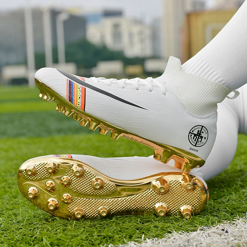 2019 Popular Golden Color Sole Long Spikes Football Shoes, White Professional Soccer Shoe