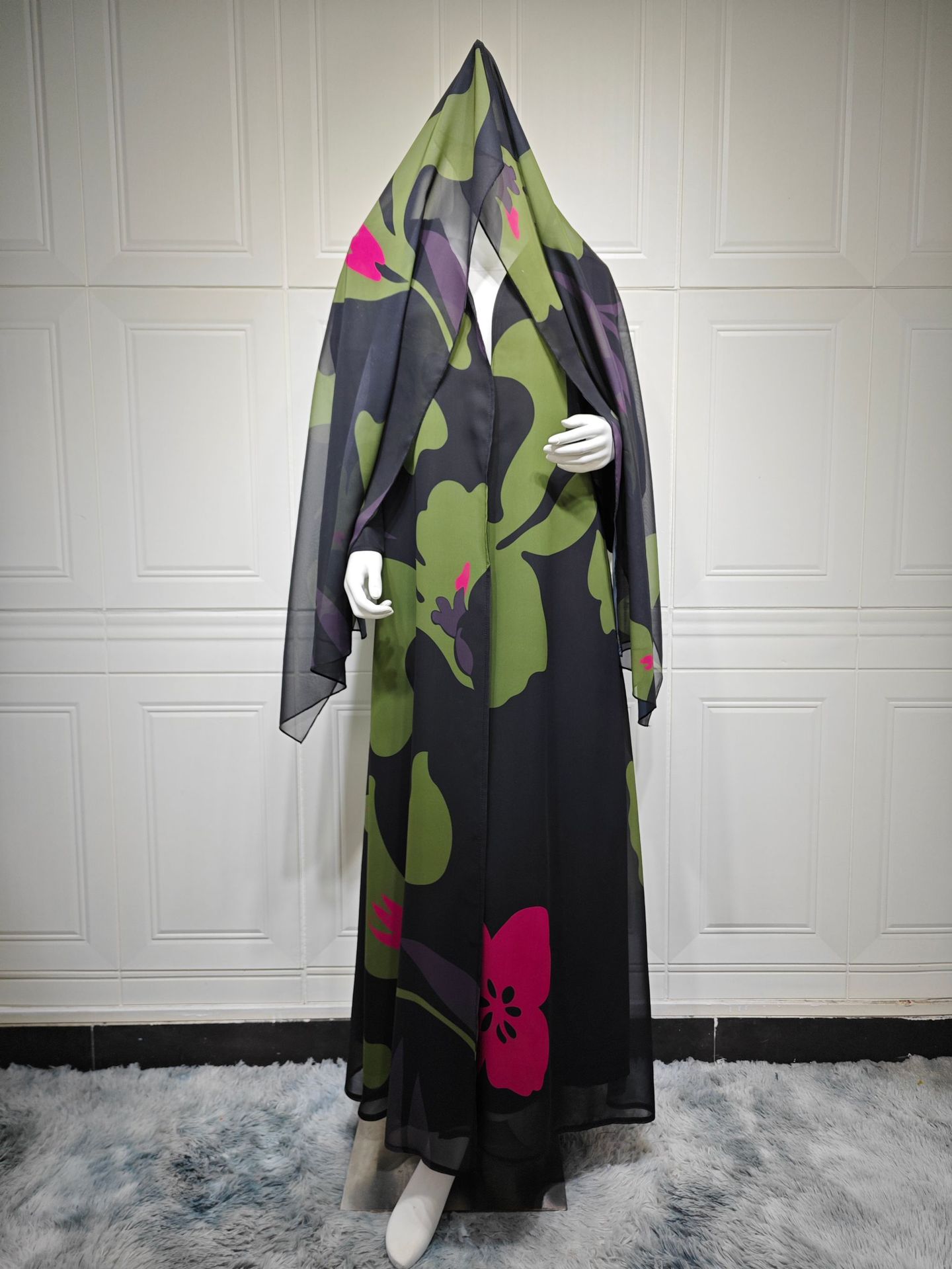 ست دو تکه کیمونو ابایا چاپ گل Floral Print Two-Piece Kimono Abaya Set