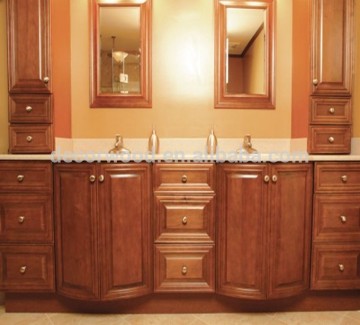 Cinnamon color raised panel mitered door bathroom cabinet