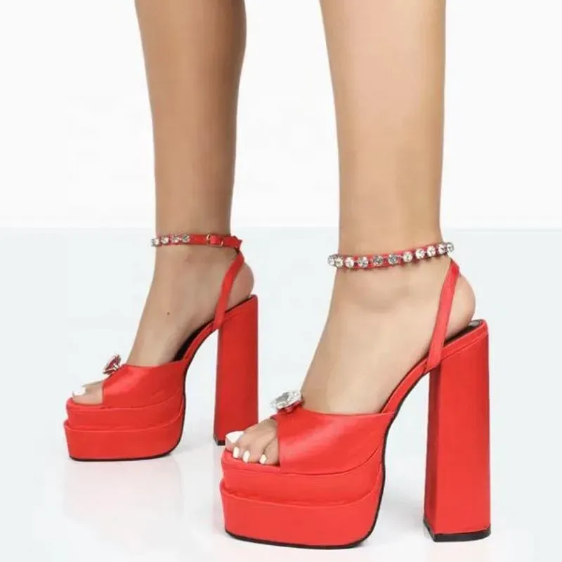 Red Sparkly Heeled Sandals with Rhinestone Straps