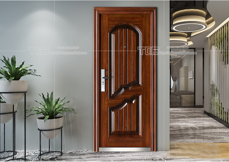 Luxury Steel Doors  Exterior Brown Wood Grain Classical Indian House Main Gate Designs