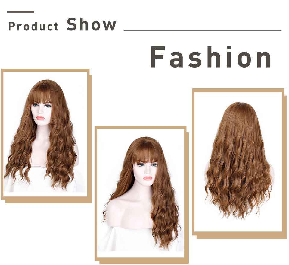 Vigorous Mixed Brown Womens Wig with Bangs Water Wave Heat Resistant Synthetic Wig for African American Women