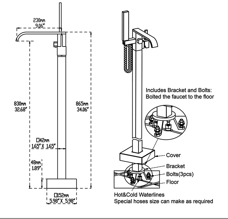 Brass Free Standing Clawfoot Bathtub Faucet with Handshower