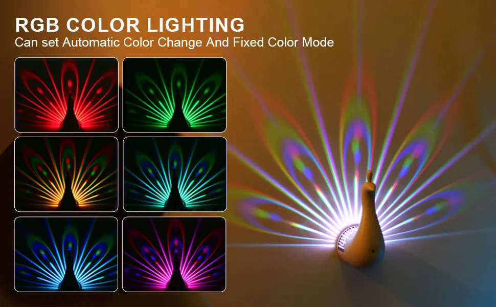 Peacock USB Desk Light: Remote Control Christmas Rainbow Projection Night Lamp