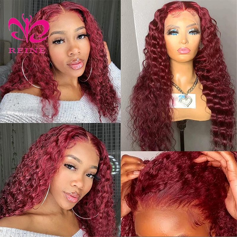 99J Colored Lace Front Human Hair Wigs Deep Wave Burgundy 13x4 HD Transparent Lace Frontal Wig Glueless Wine Red Wig For Women