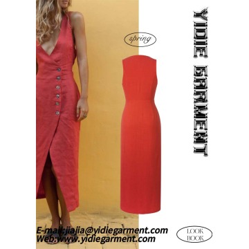 Mid-weight Plain Dyed Deep V-neck Slit Dress