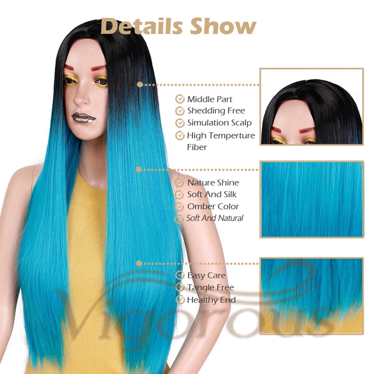 Vigorous Wholesale Top Quality Long Ombre Blue Dark Root Heat Resistant Fiber Cosplay Party For Black Women Synthetic Hair Wigs