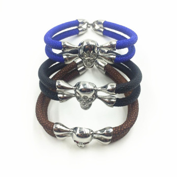 Silver Skull Head Charm Mens Stingray Leather Bracelet
