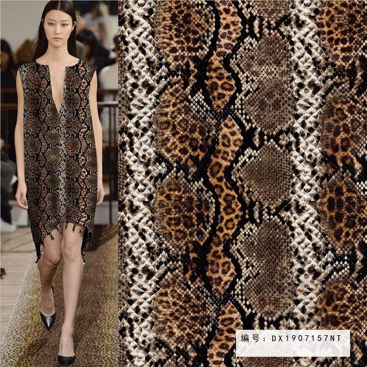 Snake Skin Leopard Pattern Printed Faille Crepe Fabric