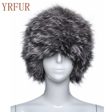 YR711 Winter Warm Yarn And Knitted Sliver Fox Fur Beanie Hat