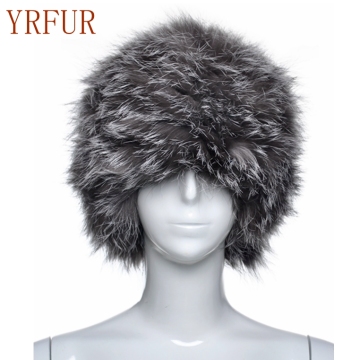 YR711 Winter Warm Yarn And Knitted Sliver Fox Fur Beanie Hat