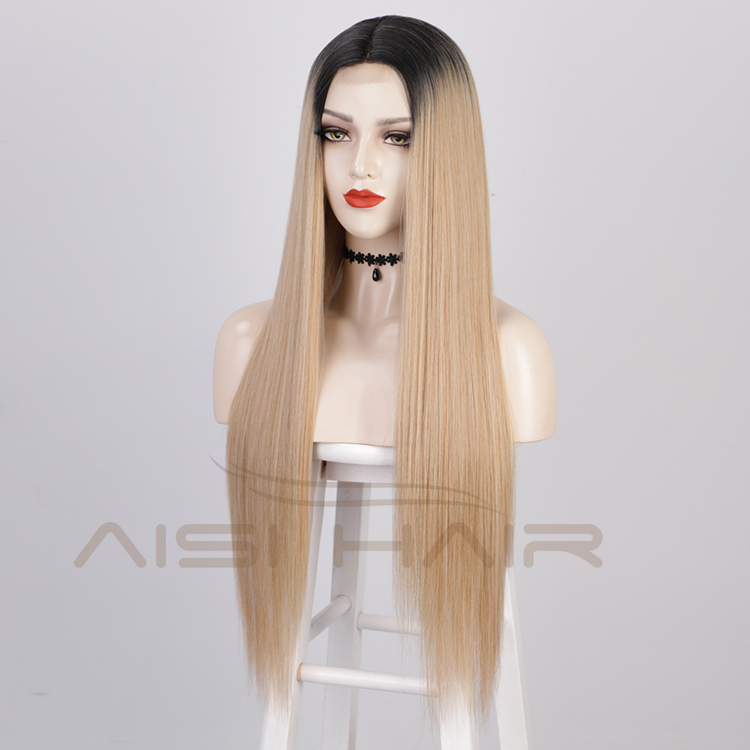 Aisi Hair 26 Inch Long Ombre Blonde Dark Root Lace Wig Cheap Silky Straight Synthetic Hair Lace Front Wigs For Black Women