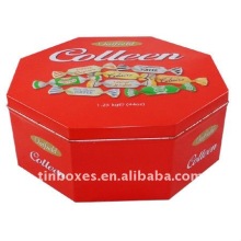 red fancy candy octagon tin box ( I239 )