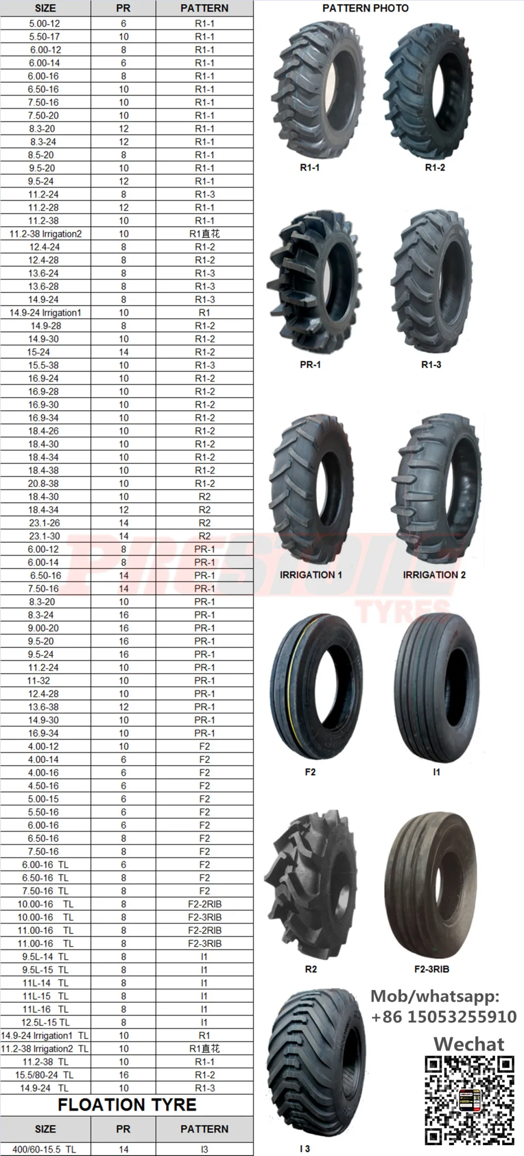 Pr-1 Agr Farm Tractor Agricultural Paddy Field Rubber Bias Tyre 9.00-20 9.5-20 9.5-24 11.2-24 11-32 12.4-28 13.6-38 14.9-30 16.9-34